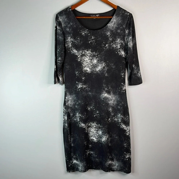 SMASHED LEMON Black Splatter Print Sheath Dress 1/2 Sleeve Midi Cosmic Space 8 - Picture 9 of 9